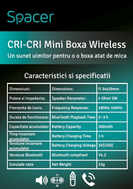 Imagine Boxa portabila bluetooth 3W Cri-Cri-BK, Spacer SPB-Cri-Cri-BK